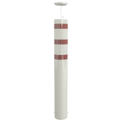 Barrier bollard | Steel tube  323 x 5 mm | stationary | for setting in concrete | hot-dip galvanized and white coatedwith three red reflecting stripes | total length: 2400 mm | steel cap with concrete anchor